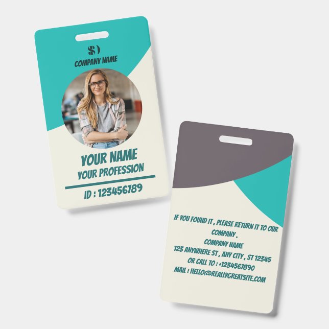 Crachá de ID de Funcionário Azul Personalizado (Frente e verso)
