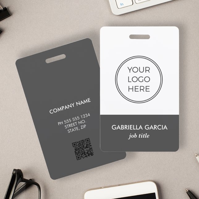 Crachá de ID de Funcionário Corporativo com Logoti (Personalize this double sided badge with logo, name, title, QR Code and business info.)