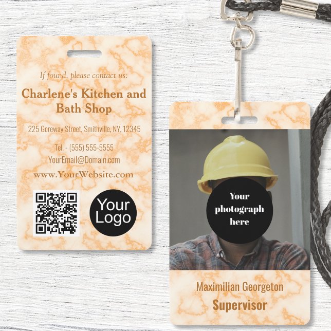 Crachá de ID de Marble Laranja Faux (Faux Orange Marble ID Badge by Office Accessories Shop)