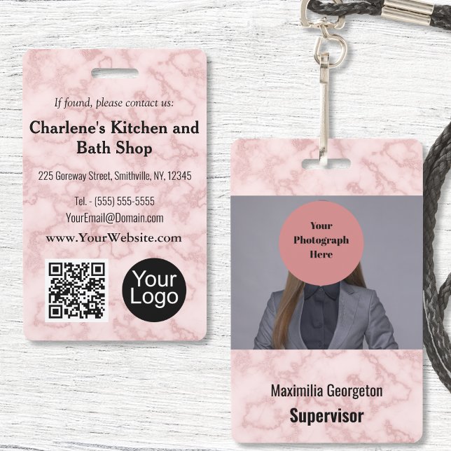 Crachá de ID de Mármore Cor-rosa (Faux Pink Marble ID Badge by Office Accessories Shop)