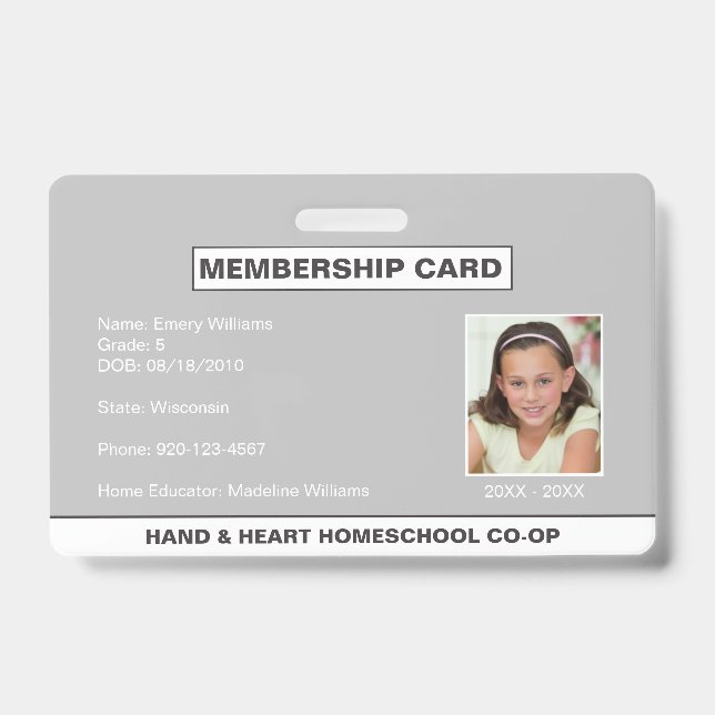 Crachá de ID de Membro CO-OP da escola doméstica (Frente)