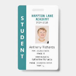 Crachá de ID do Estudante de Stripe Vertical Teal