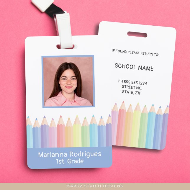 Crachá de ID do professor do Rainbow Pencils Perso (Front and back of employee badge shown. Customize with your photo and school information.)