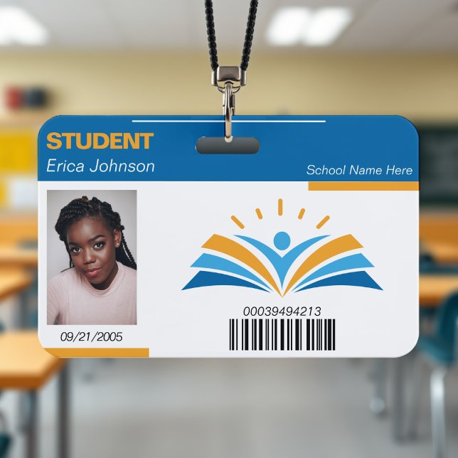 Crachá de ID estudantil da escola faculdade univer (Blue & Orange School College University Student ID Badge
)