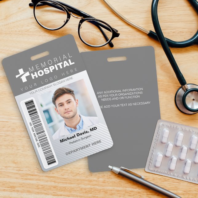 Crachá de ID Hospitalar Cinza com Foto e Código de (Criador carregado)