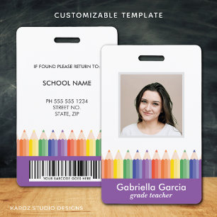 Crachá de ID personalizado colorido para professor
