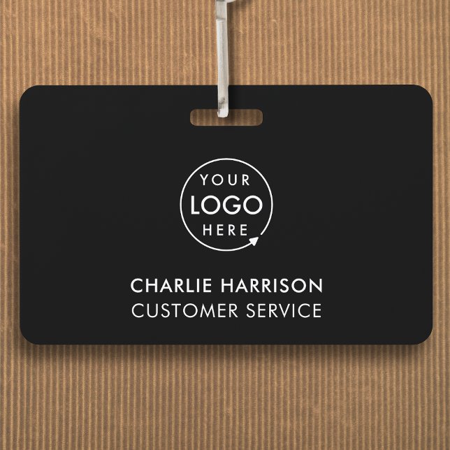 Crachá de ID Personalizado | Crachás Pretos de Nom (Sleek black company branded staff ID badges for business events & employee identification.)