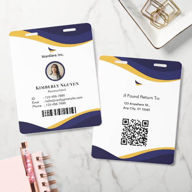 Crachá de ID Personalizado Moderno Azul Marinho e  (Escritório)