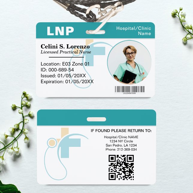 Crachá de Identificação com Foto de Funcionário Mé (Hospital Medical Employee Photo ID Badge – Calm Teal)