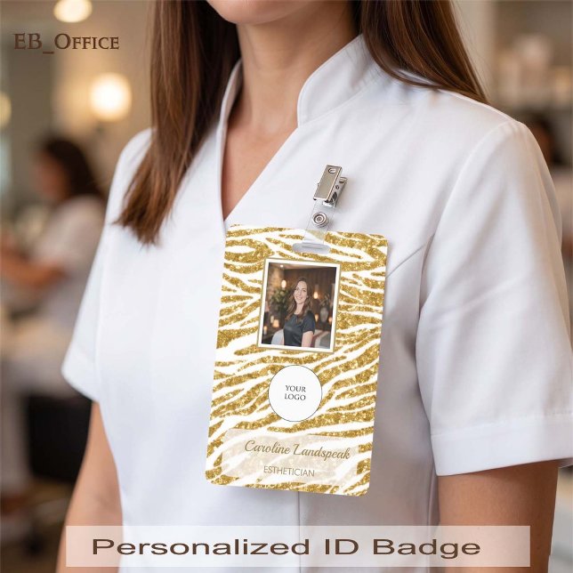 Crachá de Identificação com Foto de Luxo com Brilh (Chic Gold Glitter Custom Logo Photo ID Vertical Badge
Size: 2.13” x 3.38”
)