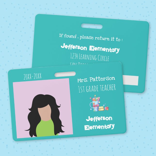 Crachá de Identificação com Foto do Professor da E (Teal horizontal teacher photo ID badge .)