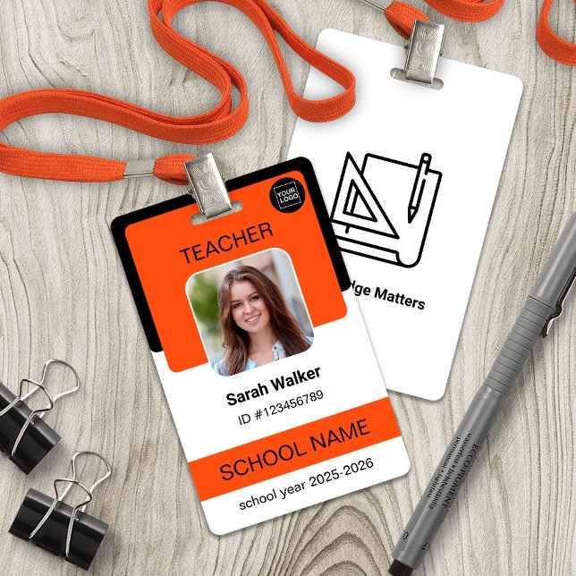 Crachá de Identificação com Foto para Professores  (Teacher Photo ID Badge – School Staff - Orange)