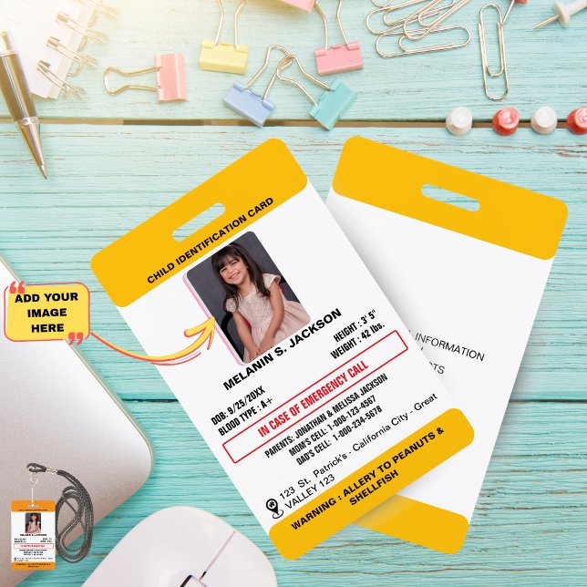 Crachá de Identificação com Foto Personalizado par (Child Photo Emergency ID Identification Card Badge)