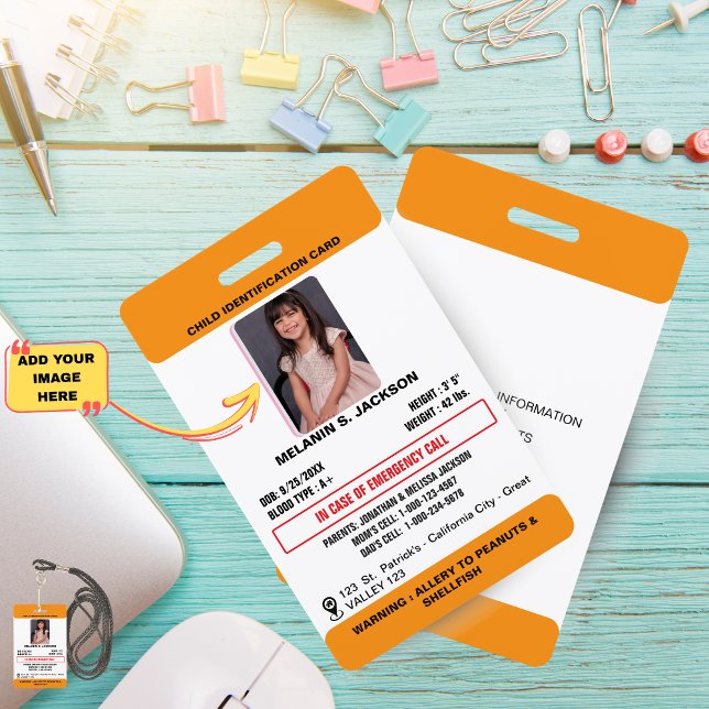 Crachá de Identificação com Foto Personalizado par (Custom Photo ID Badge for Kids with Emergency Contact and Medical Alerts)