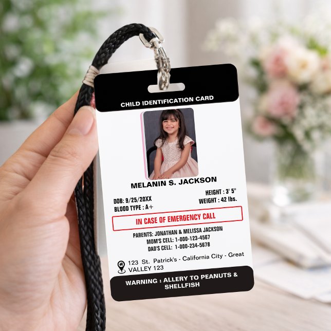 Crachá de Identificação com Foto Personalizado par (Custom Child Emergency Photo ID Badge with Parent Contact and Medical Alert Details)