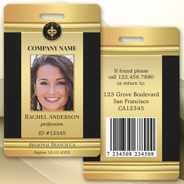 Crachá de identificação com foto preto e dourado c (Elegant gold and black design photo ID badge with your custom photo, logo, QR code or bar code)