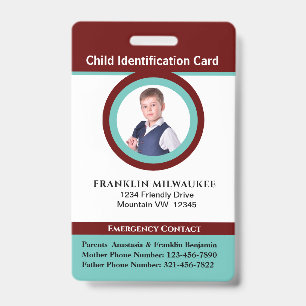 Crachá de Identificação de Criança Menino Menina F