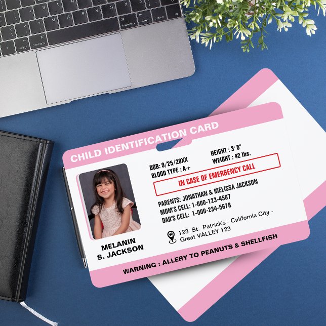Crachá de Identificação de Emergência Infantil Per (Custom Child Emergency Photo ID Badge for Kids)
