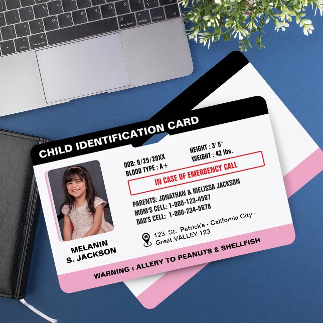 Crachá de Identificação de Emergência Infantil Per (Custom Child Emergency Photo ID Badge for Kids - Pink -)