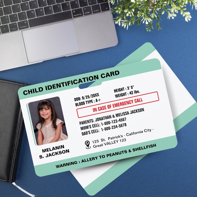 Crachá de Identificação de Emergência Personalizad (Custom Child Emergency Photo ID Badge for Kids- Green )