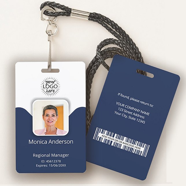Crachá de Identificação de Funcionário Azul Marinh (Navy Blue Employee Photo ID Name QR Bar Code Vertical Badge)
