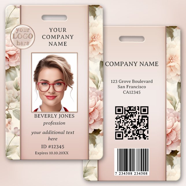 Crachá de identificação de funcionário floral rosa (Girly chic professional photo ID badge with your custom photo and logo on a floral pink background)