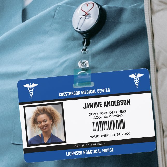 Crachá de identificação de funcionário médico azul (Blue & Black Medical Employee Doctor LPN Nurse ID Badge)