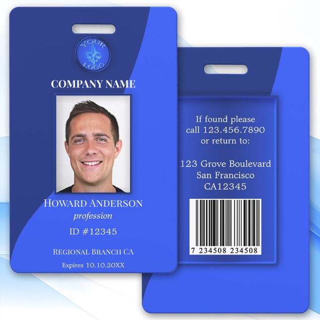 Crachá de identificação de funcionário moderno azu (Modern blue design photo ID badge with space for your custom photo, logo, QR code or bar code)