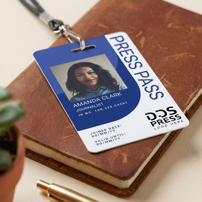 Crachá de Identificação de Passagem de Imprensa Az (Royal Blue Modern & Minimal Press Pass Photo ID Badge)