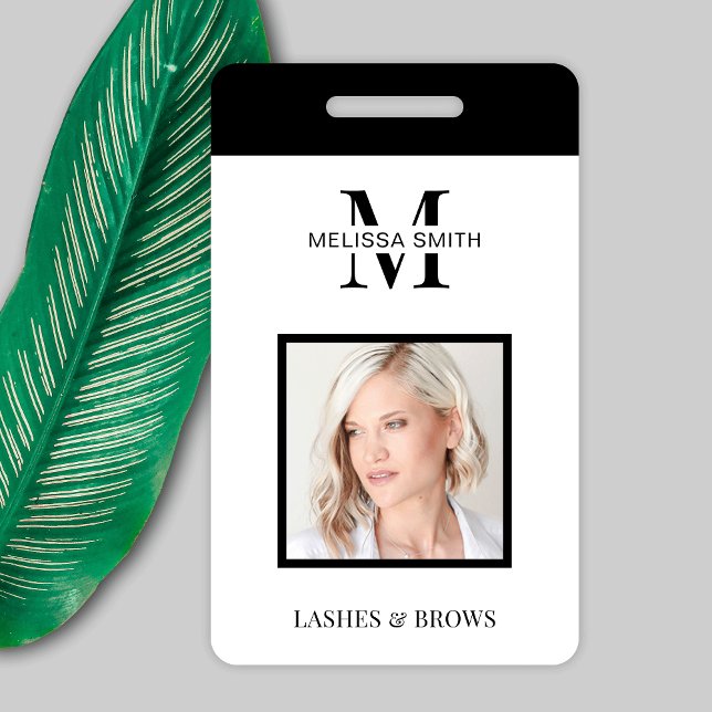 Crachá de Identificação de Salão de Beleza com Fot (Minimalist black and white name ID badge with photo, great for beauty salons, office or your shop)