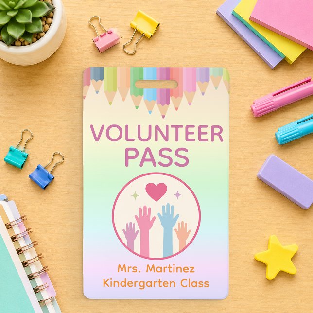 Crachá de Identificação de Voluntário Arco-Íris Pa (School Volunteer Pass Badge)