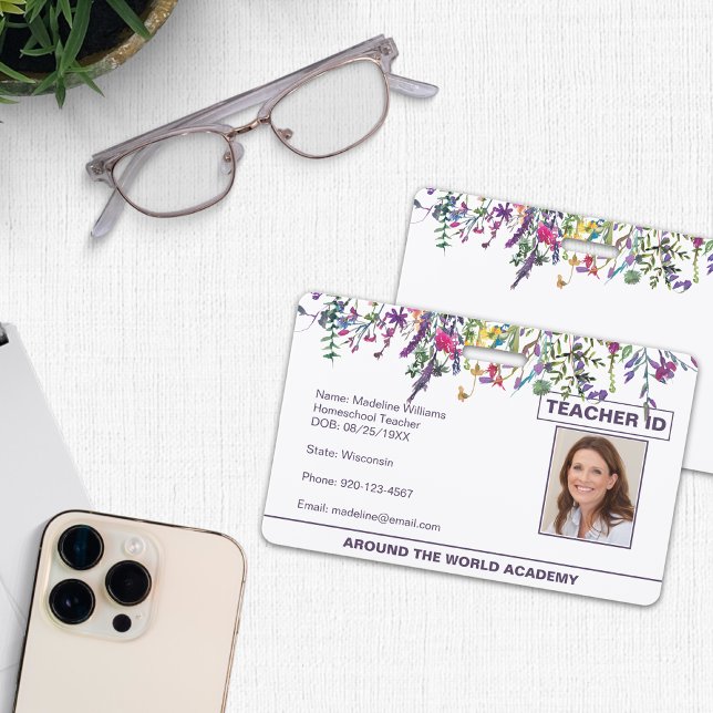 Crachá de identificação do professor de flores sil (Criador carregado)