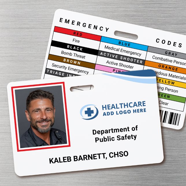 Crachá de Identificação Fotográfica para Funcionár (Double-sided photo ID badge with custom emergency codes and barcode image)