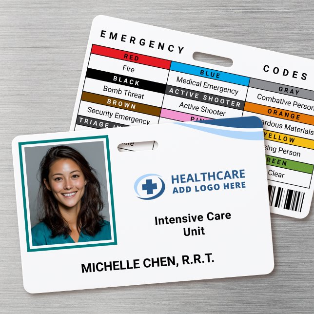 Crachá de Identificação Personalizado com Foto par (Double-sided photo ID badge with custom emergency codes and barcode image)