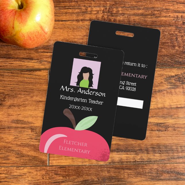Crachá de Identificação Preto com Foto para Equipe (Red apple school staff vertical black photo ID badge .)
