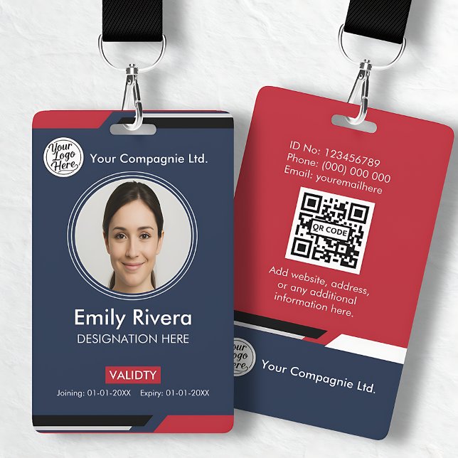 Crachá de Identificação Profissional Azul Escuro p (Professional Dark Blue Employee Photo ID Badge)