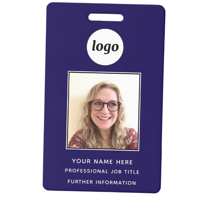 Crachá de Identificação Profissional Limpo Azul-Ma (Simple logo with custom text business branding promotional photo ID badge in navy blue)