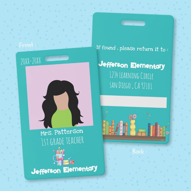 Crachá de identificação vertical com foto Professo (Teacher teal vertical photo ID badge .)