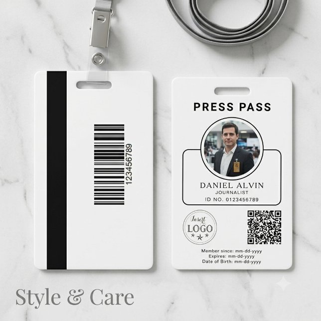 Crachá de Imprensa Personalizado com Sua Foto ID e (Custom Press Pass with Your Photo ID and QR Code Badge)