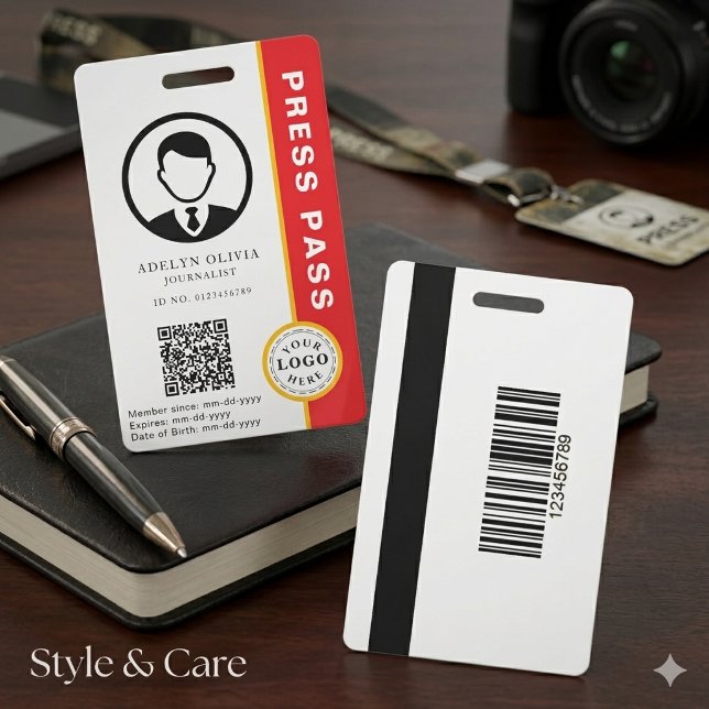 Crachá de Imprensa Personalizável com ID de Foto e (Customizable Press Pass with Photo ID & QR Code Badge)