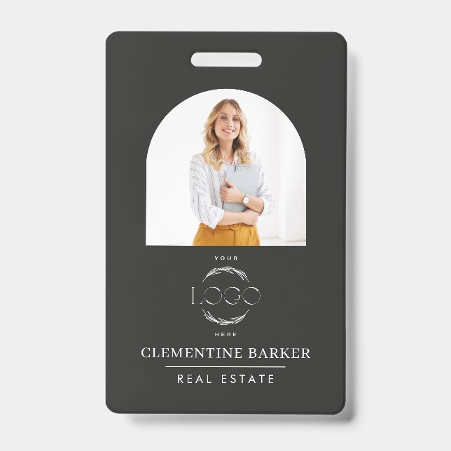 Crachá de Nome de Corretor Moderno com Arco de Fot (Frente)