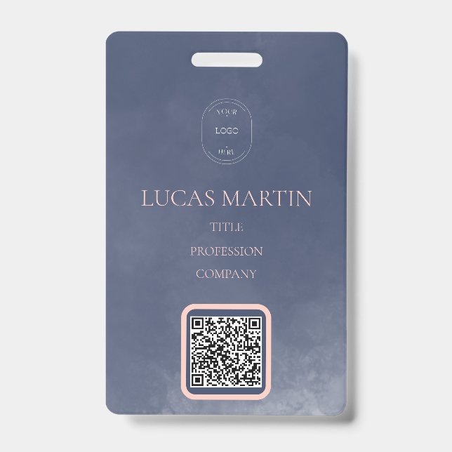 Crachá de Nome de Funcionário Código QR Azul Marin (Frente)