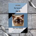 Crachá De Nome De Gato Engraçado No Abrigo De Anim<br><div class="desc">crachá de nomes com sua própria foto ou logotipo personalizado e textos em um fundo design azul e preto geométrico</div>