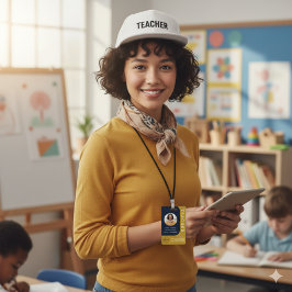 Crachá de Nome de Professor Azul Marrom com QR e F