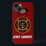 Crachá de Nome do Modelo de Bombeiros<br><div class="desc">Logotipo do Fire Department com números personalizáveis. Excelente para bombeiros e primeiros respondedores. Clique em personalizá-lo para alterar a cor de fundo do motor de incêndio para outra coisa. Personalize com seu próprio nome.</div>
