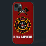 Crachá de Nome do Modelo de Bombeiros<br><div class="desc">Logotipo do Fire Department com números personalizáveis. Excelente para bombeiros e primeiros respondedores. Clique em personalizá-lo para alterar a cor de fundo do motor de incêndio para outra coisa. Personalize com seu próprio nome.</div>