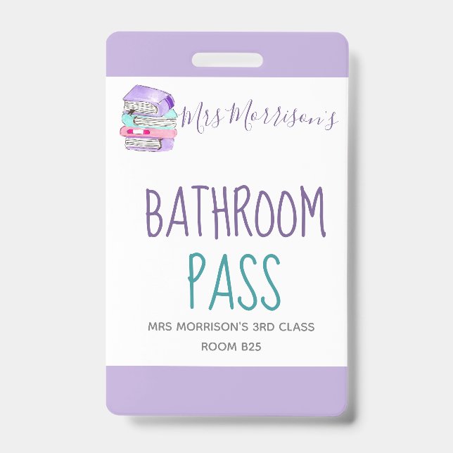 Crachá de passagem para o banheiro roxo para profe (Frente)