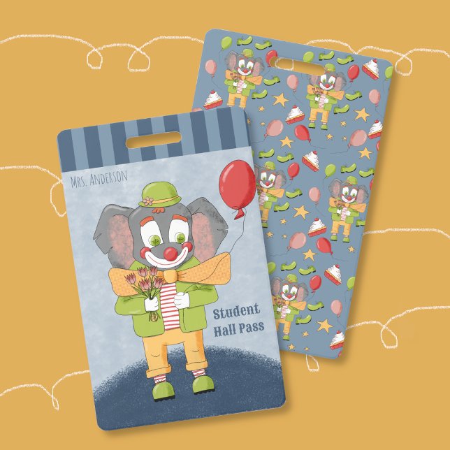 Crachá de Passagem pelo Hall do Elefante Palhaço d (Circus Theme Clown Elephant Student Hall Pass Badge .)