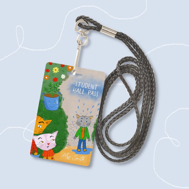 Crachá de passe do aluno de gato de desenho animad (Funny silly cartoon cats student hall pass badge .)