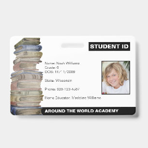 Crachá de Pilha de Livros de ID de Aluno de Ensino